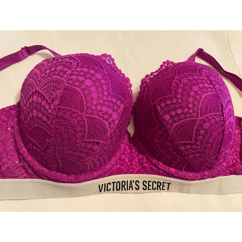 Victoria Secret 36D bra Perfect Shape Magenta Pink Purple logo strap Lace